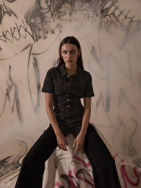 Estrella - Recycled Organic Denim Flared Leg Jumpsuit