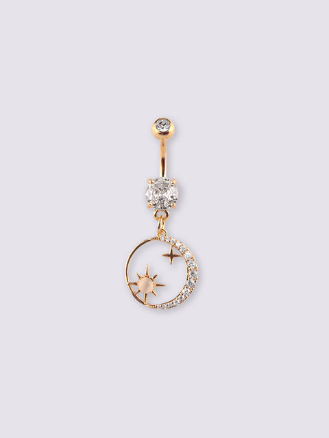 Gem Gold Moon Star Dangle Navel Barbell 14G