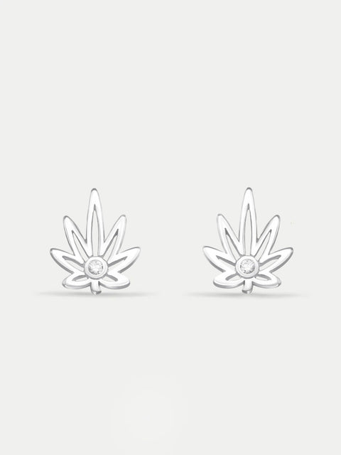 Sterling Silver Cannabis Leaf Gem Stud Earrings
