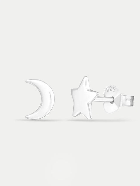 Sterling Silver Star and Moon Stud Earrings